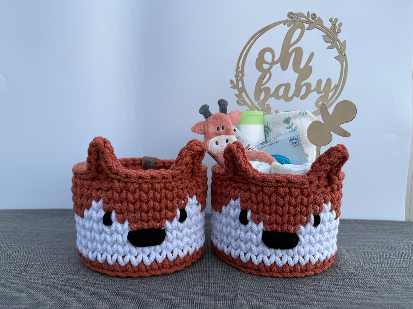 Handgefertigter Häkelkorb „Fuchs“ Fuchskorb gehäkelter Tierkorb 16x14cm